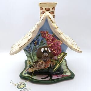 Blue Sky Clayworks Birdhouse Cottage Tea Light Holder w/ Tile Base 2003 Luminary